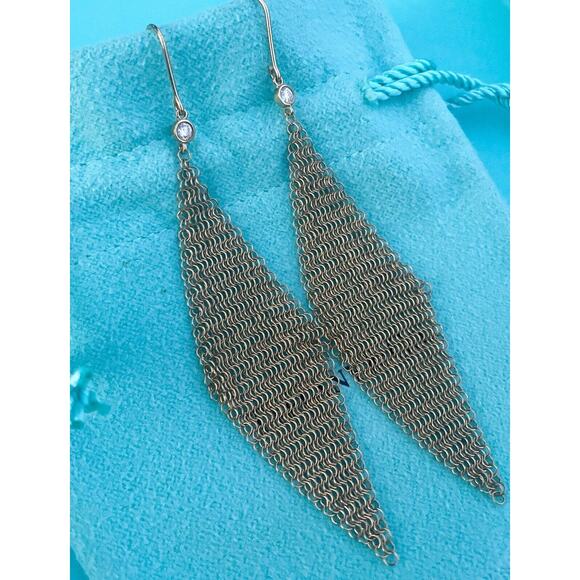 Tiffany & Co. 18k Gold Peretti Diamond Drop Dangle Mesh Scarf Hook Earrings 3” - Picture 2 of 10
